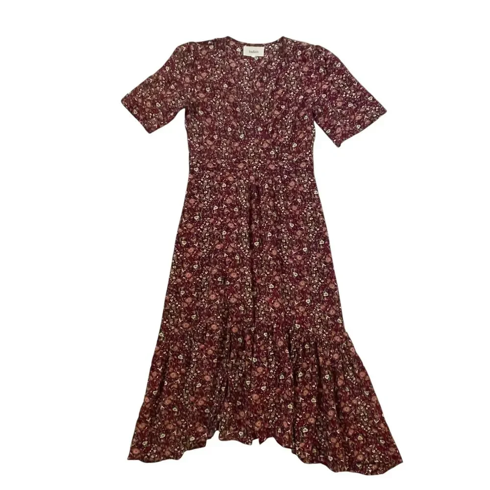 ba&sh Silvine Gathered Floral Print Crepe Midi Dress - Size 2 - Medium - Picture 3 of 8